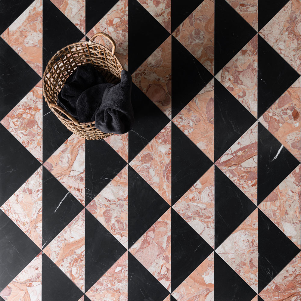 Peach-Fuzz-&-Nero-Black-Marble-Triangle-Tiles