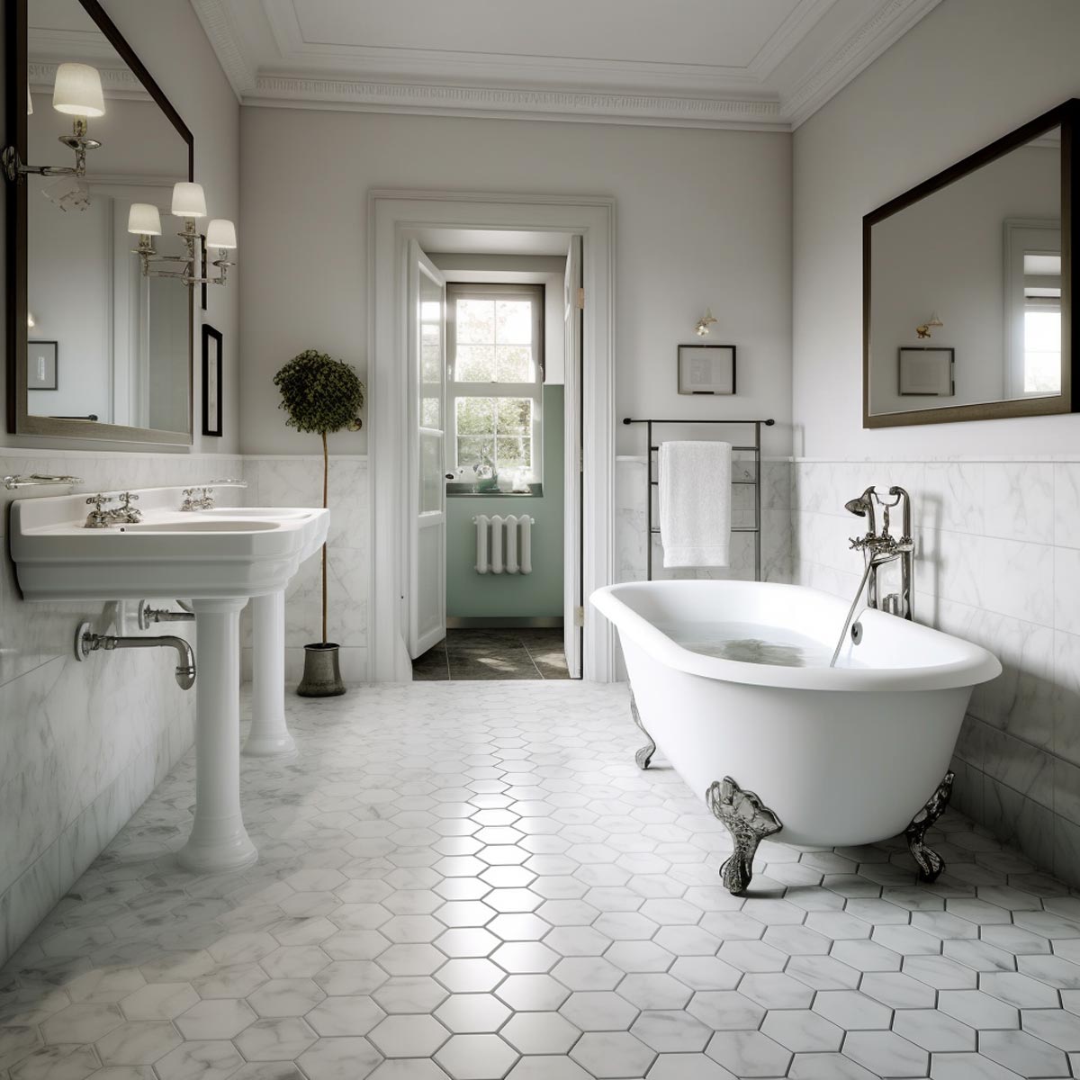 Calacatta-Marble-XL-Hexagon-Mosaic-Tiles-Bathroom-Marble-Floor