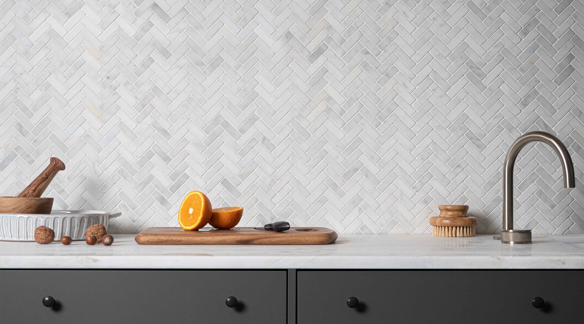 White Marble Herringbone Mosaic Tile Kitchen Marble Splashback Starel Stones