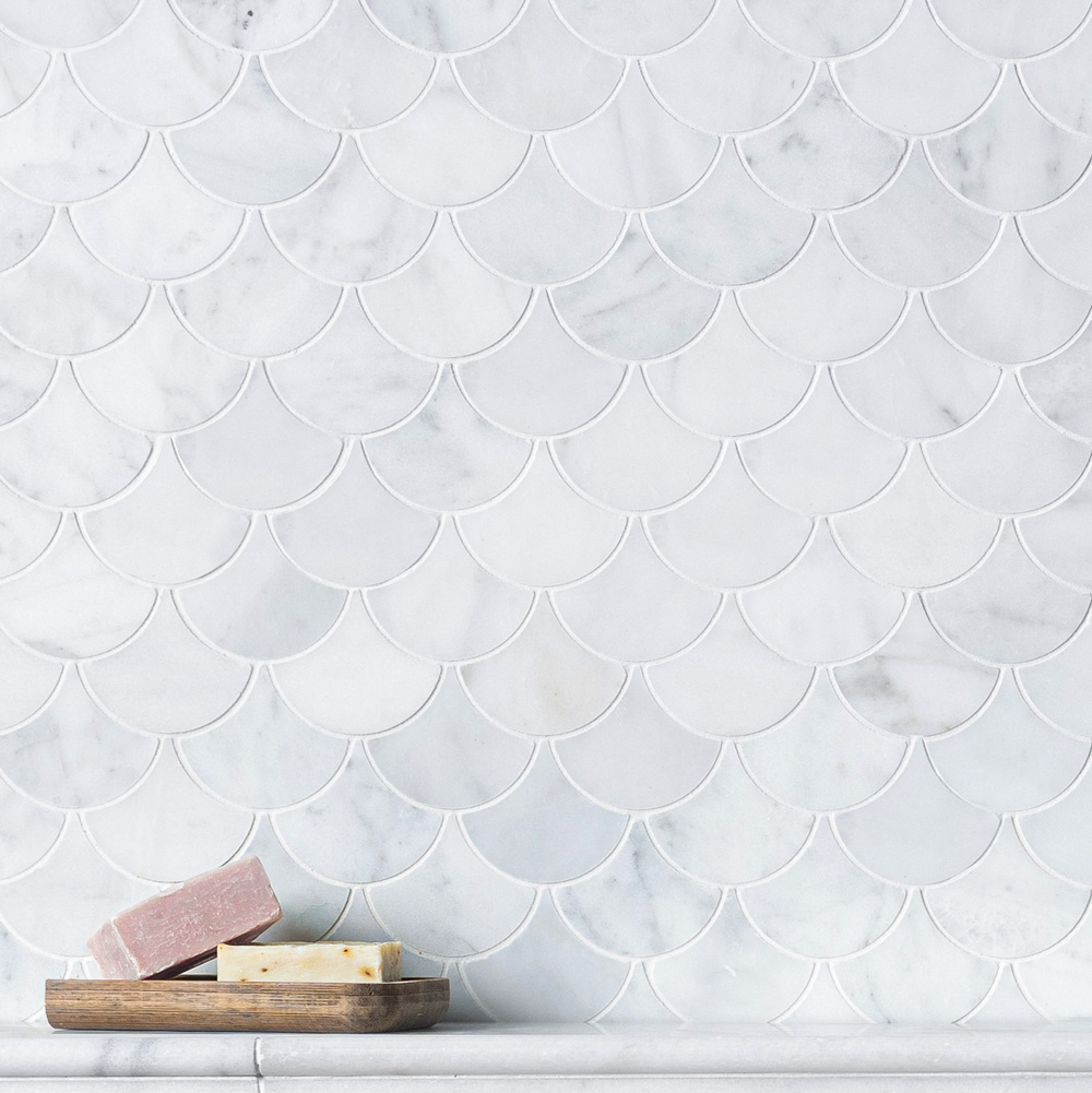 Long Island White Scallop Fan Mosaic Tiles