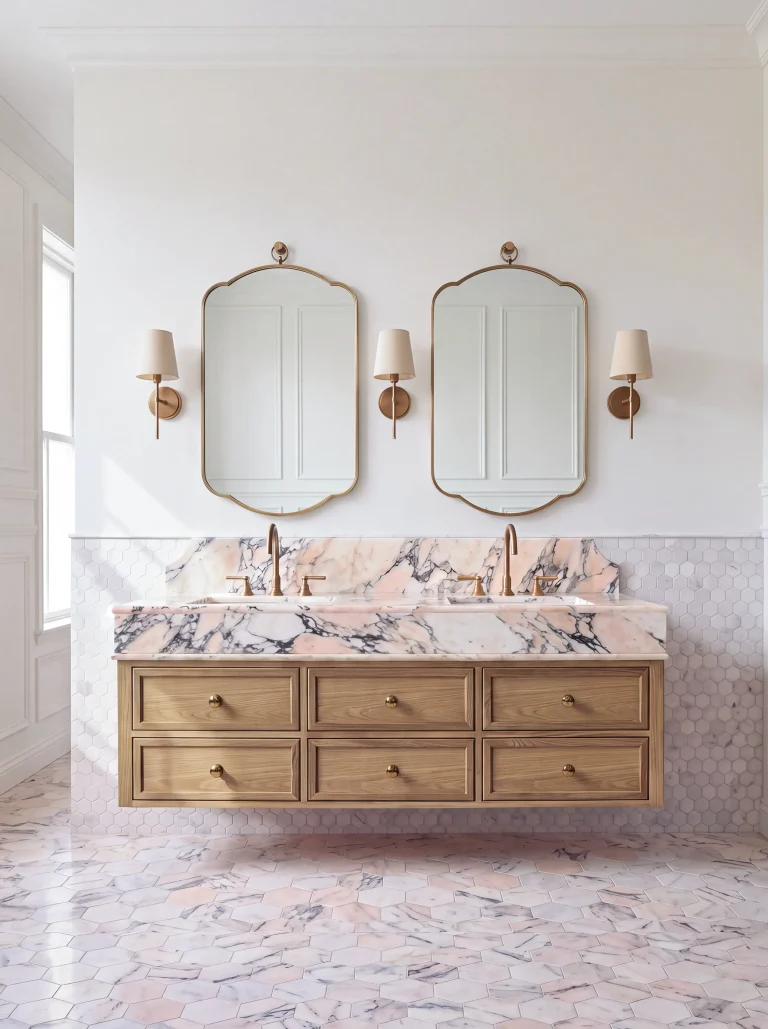 Americano oak double basin vanity unit with Calacatta marble countertop and backsplash, featuring brass fixtures and hexagonal marble floor tiles in a luxury bathroom.