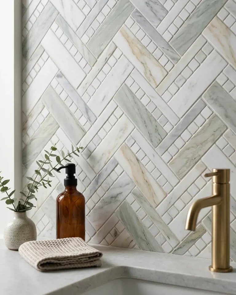 Calacatta Amazon Marble Mix Duo Herringbone Mosaic with natural marble veining