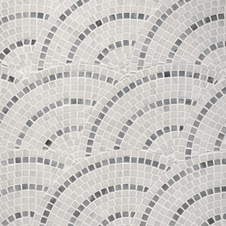 Calacatta and Bluestone Marble Fan Scallop Mini Mosaic