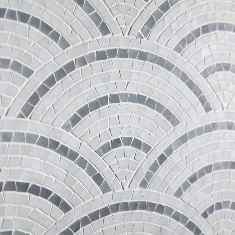 Calacatta and Bluestone Marble Cracked Fan Mini Mosaic
