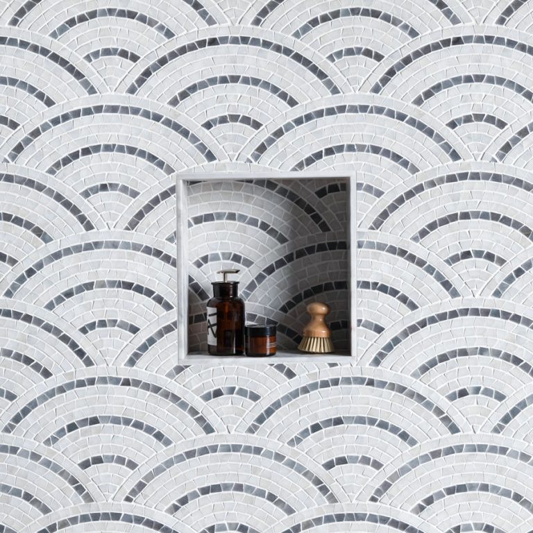 Calacatta and Bluestone Marble Cracked Fan Mini Mosaic