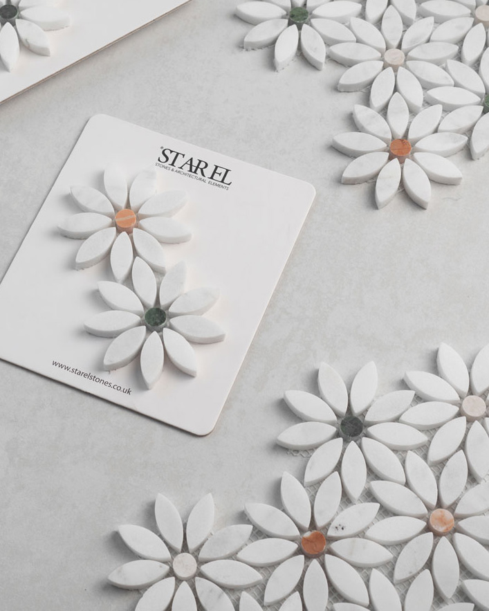 Calacatta Mix White Daisy Flower honed marble mosaic with elegant floral pattern