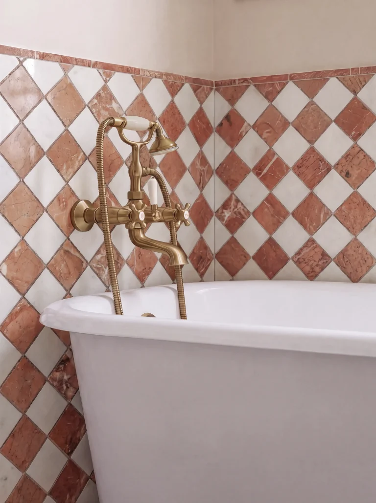Terracotta and white Rosso Madras marble tiles in a harlequin layout, paired with a freestanding bath and vintage brass fittings
