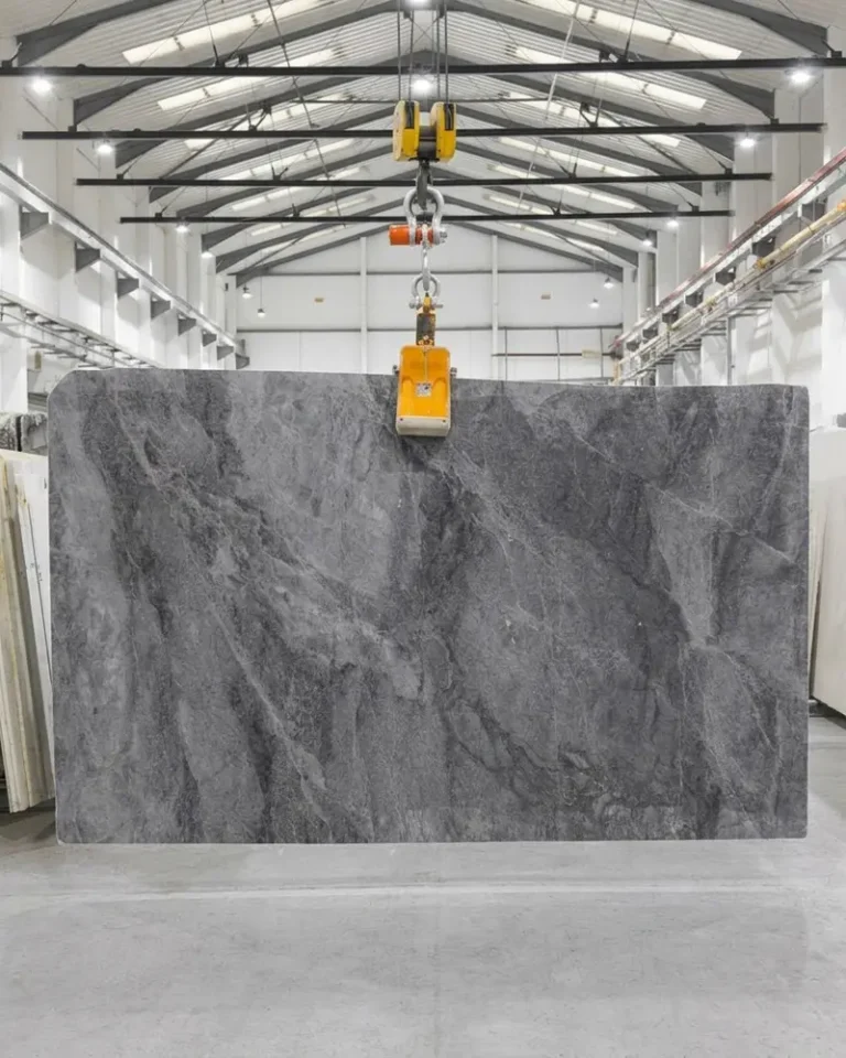 Silver Emperador honed marble slab with silver-grey and warm brown natural tones