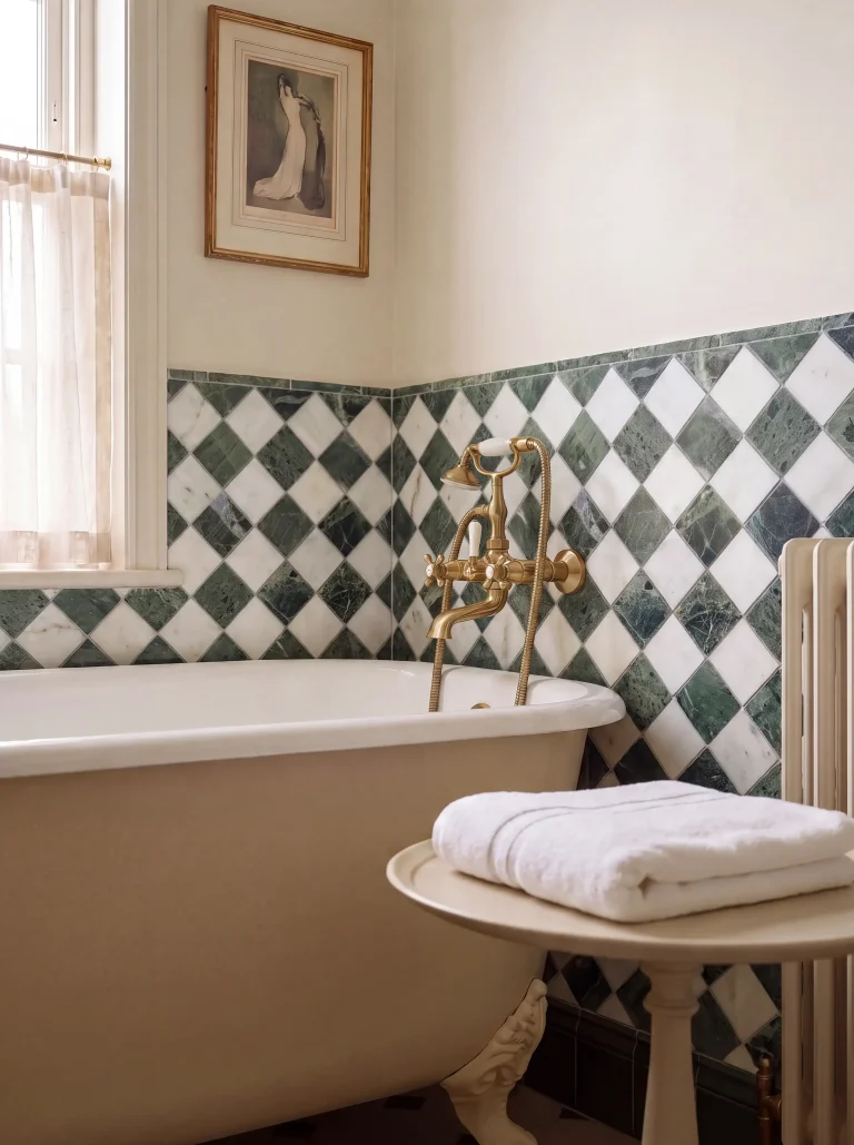 Verde Madras marble tiles in a green and white chequerboard pattern with a freestanding bath and brass taps