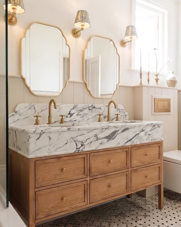 Americano Oak Vanity Unit with natural marble top and splashback in a luxury bathroom