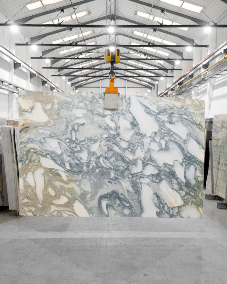 Arabescato Apuano honed marble slab with light background and distinctive grey natural veining