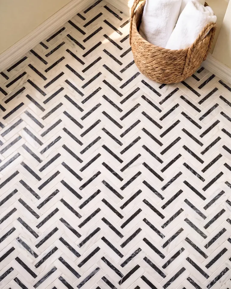 Calacatta and Nero Marble Duo Herringbone Mosaic