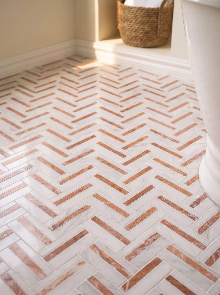 calacatta and rosso-marble duoherringbone mosaic