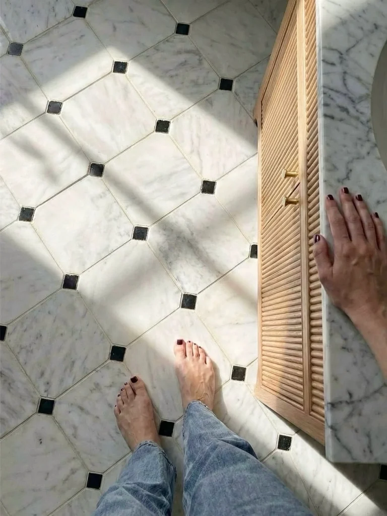 Calacatta White Octagon Marble Tile with Black Nero Inserts
