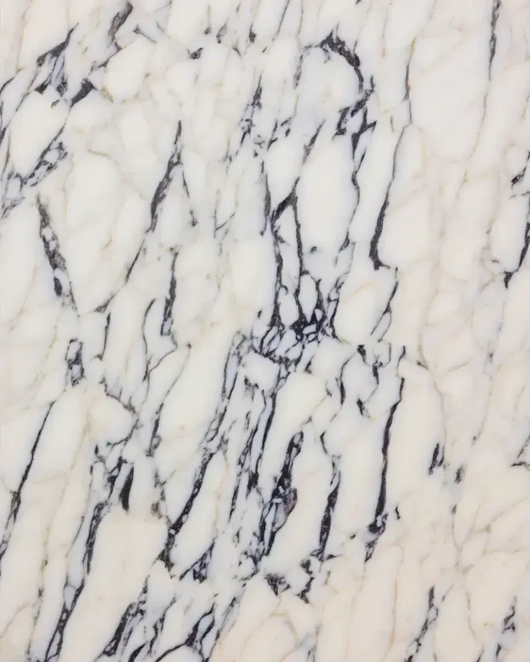 Arabescato Viola honed marble slab with white background and dramatic violet veining