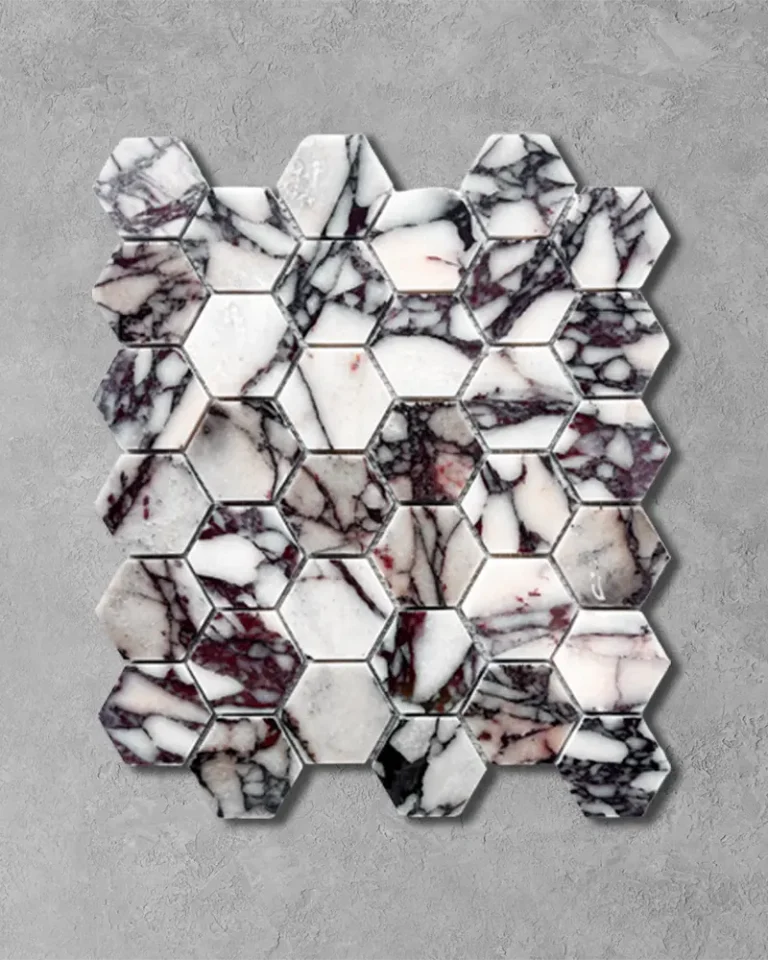 Arabescato Viola honed hexagon marble mosaic with violet purple and grey veining