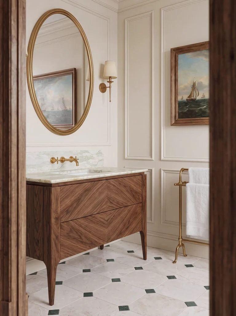 Elegant, wooden, walnut vanity unit with marble top. For bathrooms